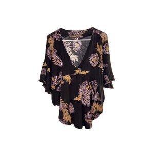 Free People Batwing Blouse Purple Gold Black Paisley Floral V-Neck Top - Size XS